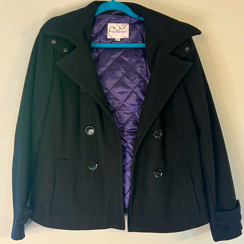 XL Industrial Cotton Black Pea Coat w/ Removable Hood